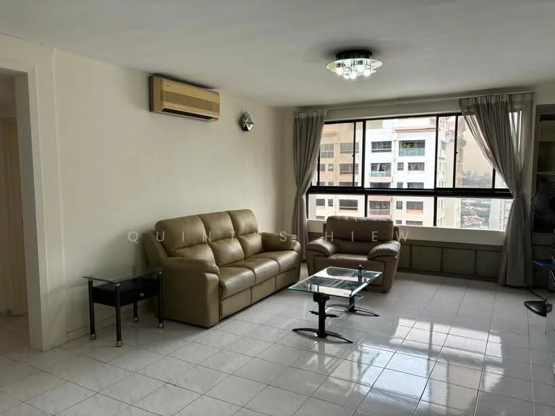 Living features: 3-seater leather sofa in beige, glass coffee table, wall-mounted split AC, floor-to-ceiling windows, curtains, white painted walls, polished tile flooring, ceiling light fixture; style: modern; view: city.