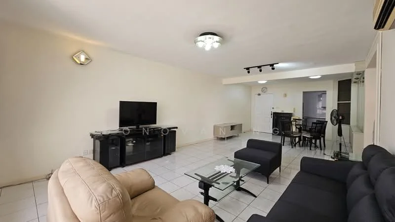 Living features: cream painted walls, white tiled flooring, 5-blade ceiling fan with light, recessed downlights, wall-mounted TV, black TV console, glass coffee table, 2-seater fabric sofa in grey, 3-seater leather sofa in beige, dining table with chairs in background, air conditioning unit; style: modern.