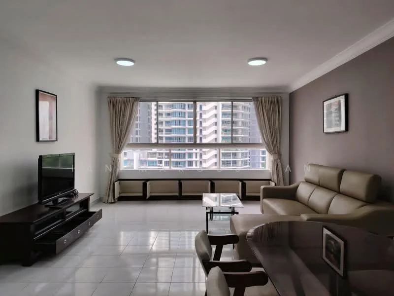 Living features: cream painted walls, grey accent wall, white ceiling with recessed lighting, floor-to-ceiling windows, sheer curtains, light-coloured tiled flooring, 3-seater leather sofa in beige, coffee table with glass top, TV console with storage, wall-mounted TV, decorative artwork on walls; style: modern; view: city.