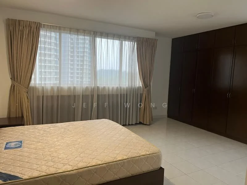 Bedroom features: queen-size bed, floor-to-ceiling windows, sheer curtains, wooden wardrobe, tile flooring, neutral wall colour, recessed ceiling lights, curtains, bedside table; style: modern; view: city.