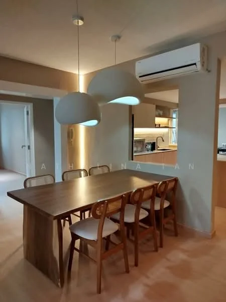 Dining features: wooden dining table, 6 dining chairs with upholstered seats, 2 pendant lights with round shades, wall-mounted split AC unit, light-colored walls, laminate flooring, open layout to kitchen, recessed lighting; style: modern.