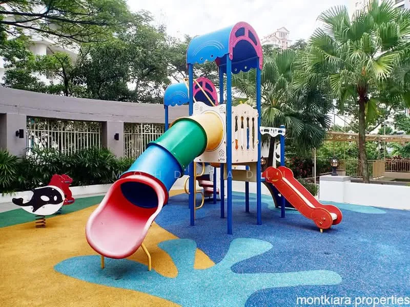 Exterior type: children's playground; features: colorful play structure with slide, toddler slide, climbing frame, rubberized flooring, decorative animal shapes on the ground, surrounding greenery, fenced area, playground equipment for children; style: modern.