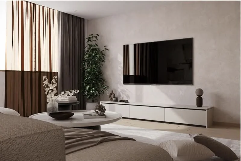 Living features: beige fabric sofa, round coffee table, TV console with storage, wall-mounted flat-screen TV, indoor plant, decorative vase with flowers, sheer curtains, dark curtains, light wood flooring, textured wall finish; style: modern.