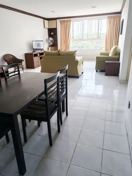 Living features: white painted walls, glossy tile flooring, large window with city view, beige fabric sofa, green fabric armchair, wooden coffee table, TV console, wall-mounted TV, ceiling lights, curtains, ceiling fan; style: modern; view: city. Dining features: dark wooden dining table, 4 dining chairs, open layout, tile flooring; style: modern.