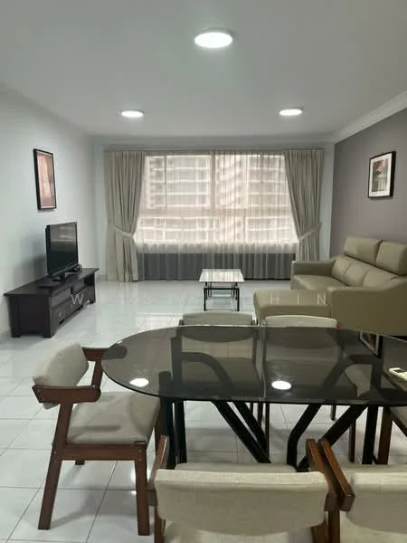 Living features: light grey painted walls, white ceiling, recessed downlights, floor-to-ceiling windows, sheer curtains, 3-seater leather sofa in light beige, glass coffee table, wooden TV console, wall-mounted TV, dining table with glass top and wooden legs, 4 wooden dining chairs, white tiled flooring; style: modern; view: city.