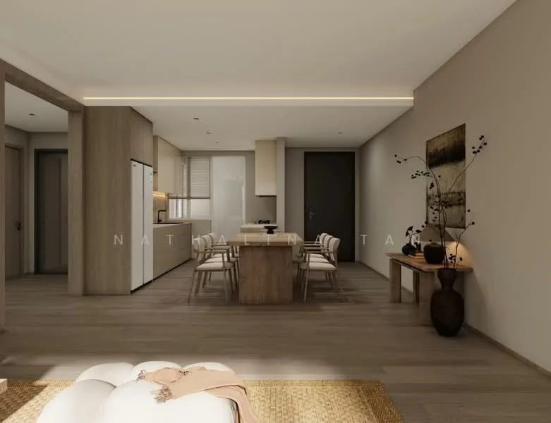Living features: light wood flooring, white painted walls, recessed LED downlights, dining table with 6 chairs, kitchen island, stainless-steel fridge, built-in cabinetry, decorative wall art, floor-to-ceiling windows, neutral color palette, decorative vase, textured area rug; style: modern.