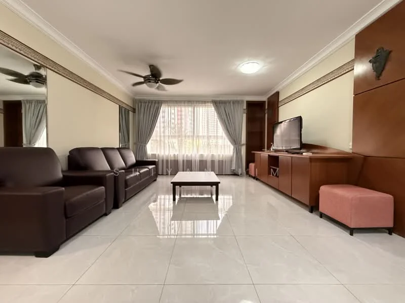 Living features: 3-seater leather sofa in dark brown, 2-seater leather sofa in dark brown, coffee table, TV console, wall-mounted TV, floor-to-ceiling windows with sheer curtains, light grey curtains, white painted walls, marble tile flooring, ceiling fan with light, decorative wall mirror, built-in cabinetry; style: modern; view: city.