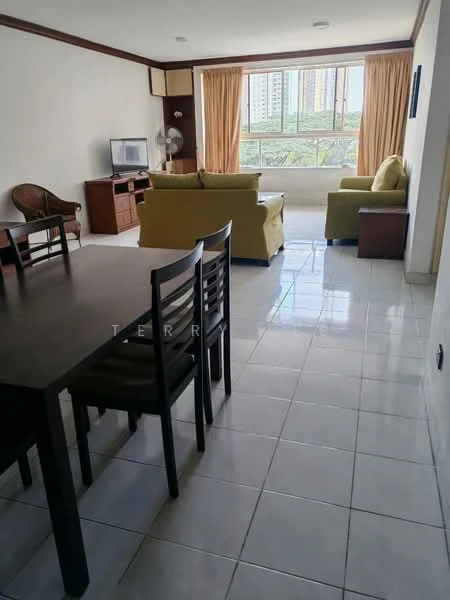 Living features: large window with city view, cream curtains, 2-seater green sofa, 1-seater armchair, wooden coffee table, TV console, wall-mounted fan, white tiled flooring, recessed ceiling lights, decorative wall paneling; style: modern; view: city. Dining features: black dining table for 6, black dining chairs, white tiled flooring; style: modern.