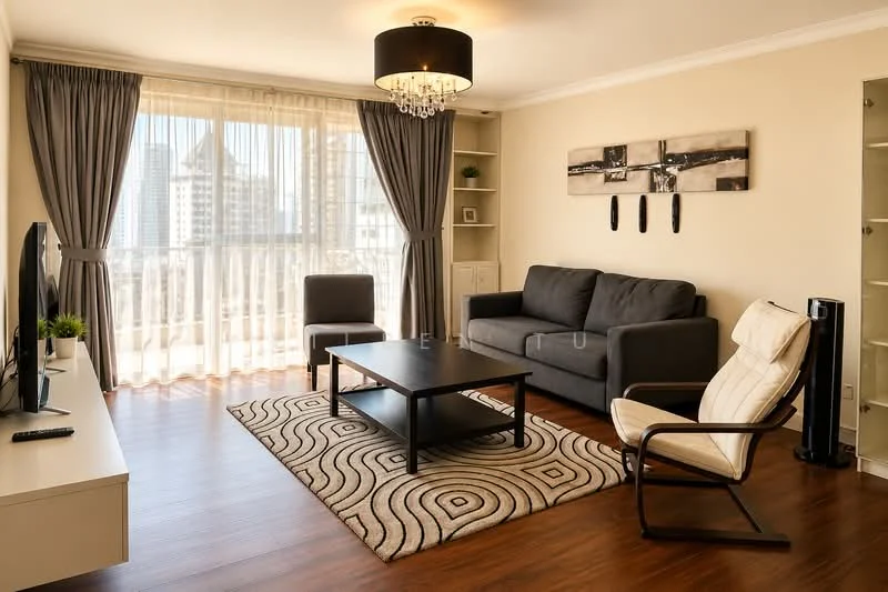 Living features: grey fabric sofa, 2-seater armchair in black, coffee table in black, area rug with geometric pattern, TV console with wall-mounted TV, built-in shelving unit, chandelier, curtains with sheer and blackout layers, wooden flooring, decorative wall art; style: modern; view: city.