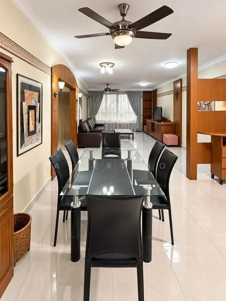 Dining features: glass dining table with black legs, 6 black dining chairs, ceiling fan with light, recessed ceiling lights, cream painted walls, white tiled flooring, decorative wall paneling, framed artwork on wall, large window with sheer curtains; style: modern. Living features: brown leather sofa, coffee table, TV console, wall-mounted TV, decorative shelving unit, large window with curtains; style: modern.