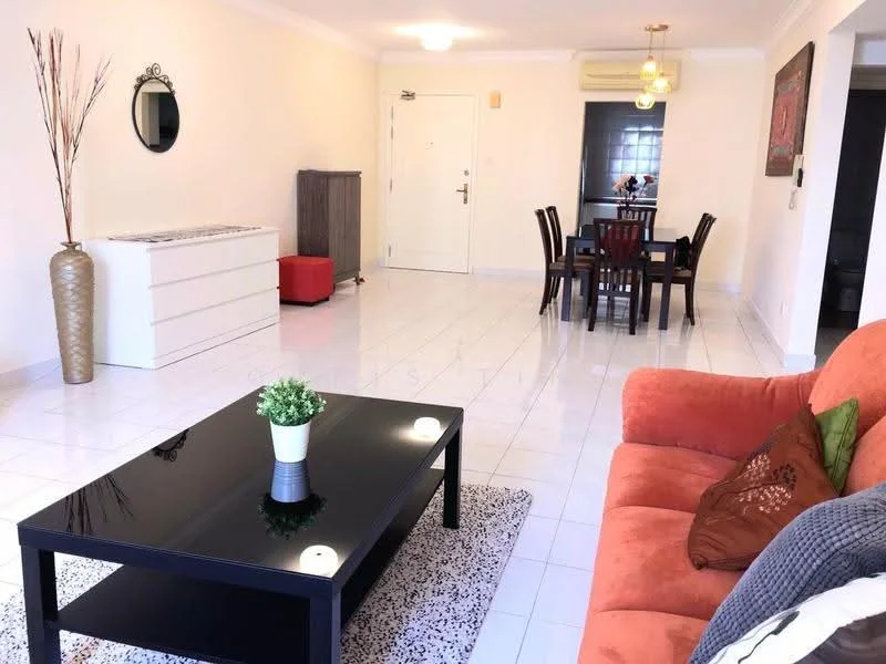 Living features: orange fabric sofa, black coffee table, area rug with geometric pattern, white painted walls, white tiled flooring, decorative plant in ceramic pot, wall-mounted mirror, dining table with four chairs, air conditioning unit, door leading to hallway, light fixture on ceiling; style: modern.