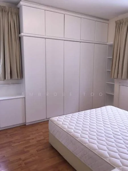 Bedroom features: queen-size bed base, white fitted mattress, built-in wardrobe with sliding doors, white cabinetry, wooden flooring, curtains in beige, shelf unit, window with natural light; style: modern.