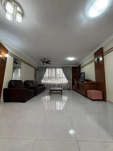 Living features: 3-seater leather sofa in dark brown, 2-seater leather sofa in dark brown, coffee table, TV console, wall-mounted TV, floor-to-ceiling windows with sheer curtains, light grey walls, white ceiling with recessed downlights, 5-blade ceiling fan, marble tile flooring, decorative wall sconces, mirrored wall panels; style: modern; view: city.