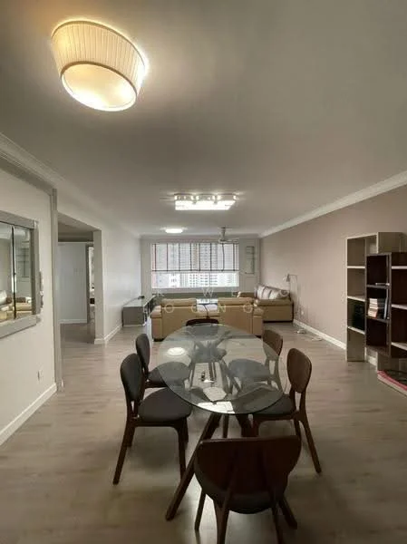 Dining features: round glass dining table, 6 wooden dining chairs, wooden flooring, recessed ceiling lights, pendant light fixture, large window with blinds, neutral wall color, decorative mirror on wall; style: modern; view: city. Living features: sofa, coffee table, TV console, bookshelf, large window with city view, neutral wall color, wooden flooring, recessed ceiling lights; style: modern; view: city.