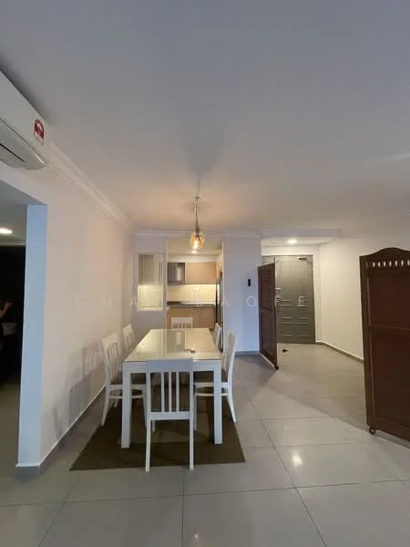 Dining features: white dining table, 6 white dining chairs, pendant light fixture, grey area rug, wall-mounted air conditioning unit, cream painted walls, tile flooring, open layout to kitchen, doorway to hallway; style: modern. Room features: grey tile flooring, cream painted walls, doorway to entrance, partition screen.