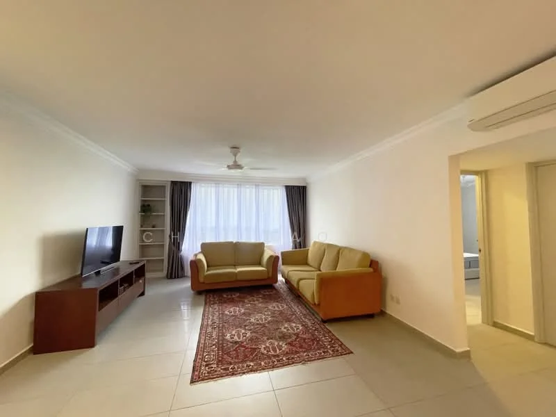Living features: 2-seater fabric sofa in beige, 3-seater fabric sofa in yellow, wooden TV console, wall-mounted TV, area rug with intricate pattern, floor-to-ceiling windows, sheer curtains, ceiling fan, recessed downlights, light-coloured walls, tile flooring; style: modern.