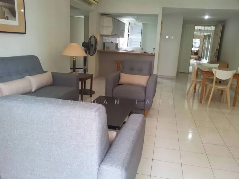 Living features: 2 grey fabric sofas, coffee table, floor lamp, wall-mounted ceiling fan, white tiled flooring, neutral wall colour, open layout to kitchen, dining area visible in background; style: modern.