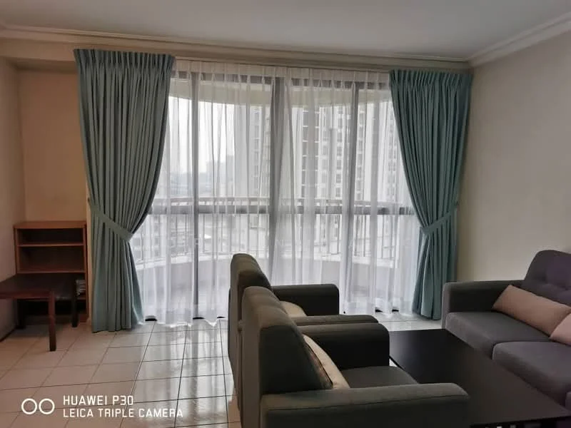 Living features: floor-to-ceiling windows, sheer curtains, light blue drapes, grey fabric sofa, 2-seater sofa, wooden coffee table, tile flooring, neutral painted walls, open layout, city view; style: modern; view: city.