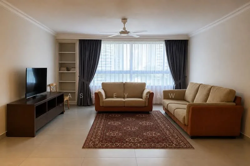 Living features: beige fabric 3-seater sofa, brown leather 2-seater sofa, wooden TV console, wall-mounted flat-screen TV, area rug with intricate pattern, floor-to-ceiling windows, grey curtains, ceiling fan with light, light-colored painted walls, tile flooring, built-in shelving unit; style: modern; view: city.
