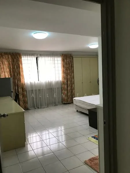 Bedroom features: white painted walls, glossy tile flooring, large window with sheer curtains, built-in wardrobe with sliding doors, ceiling light fixture, bed frame without mattress, area rug, TV console, decorative wall art; style: modern.