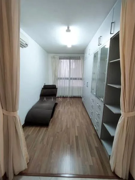 Room features: laminate flooring, white painted walls, 1 wall-mounted split AC, large window with sheer curtains, light fixture with multiple bulbs, built-in wardrobe with glass-front cabinets, lounge chair, neutral color scheme; style: modern.