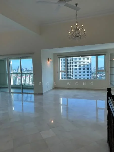 Living features: marble flooring, tray ceiling, chandelier, floor-to-ceiling windows, sliding glass door, white painted walls, recessed downlights, balcony access, city view, wall sconces; style: modern; view: city.