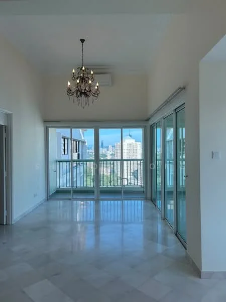 Living features: marble flooring, chandelier, floor-to-ceiling windows, sliding glass door, white painted walls, recessed downlights, balcony access, city view; style: modern; view: city.