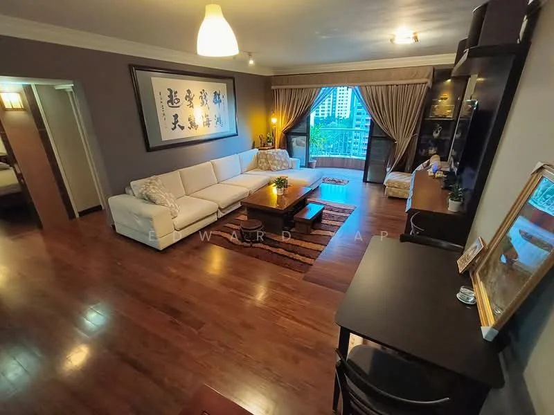 Living features: light-colored fabric sectional sofa, wood coffee table, area rug with geometric pattern, wall-mounted TV, dark wood TV console, large floor-to-ceiling windows, curtains with a light fabric, decorative wall art, wooden flooring, recessed ceiling lights, side table with lamp, open shelving unit, decorative plants; style: modern; view: city. Room features: wooden door, light-colored walls, recessed lighting.
