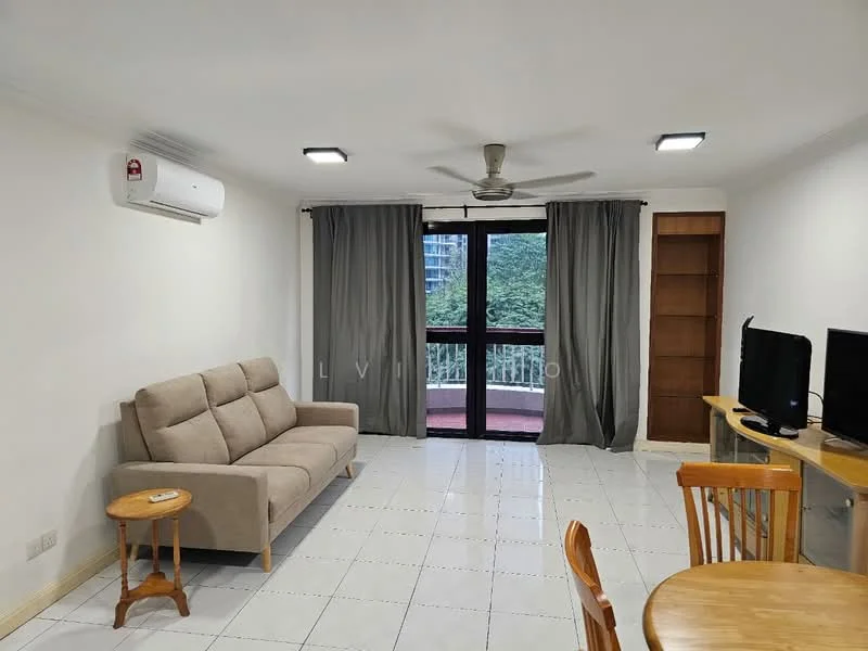 Living features: 3-seater fabric sofa in beige, wooden coffee table, TV console, wall-mounted TV, ceiling fan, 1 wall-mounted split AC, floor-to-ceiling sliding glass door, grey curtains, white painted walls, tile flooring, built-in shelving unit; style: modern; view: garden.