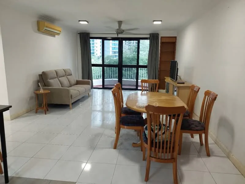 Living features: 3-seater fabric sofa in beige, round dining table, 4 wooden dining chairs, TV console, wall-mounted TV, 1 wall-mounted split AC, ceiling fan, white painted walls, tile flooring, curtains, balcony door, shelving unit; style: modern; view: city.