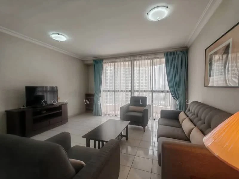 Living features: grey fabric 3-seater sofa, grey fabric armchairs, wood coffee table, wall-mounted TV, TV console in dark wood, floor-to-ceiling windows, sheer curtains, blue drapes, recessed ceiling lights, cream painted walls, tile flooring; style: modern; view: city.
