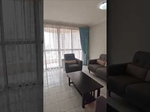 Living features: floor-to-ceiling windows, sheer curtains, grey fabric sofa, beige fabric sofa, wooden coffee table, tile flooring, light fixture on ceiling, neutral painted walls; style: modern; view: city.