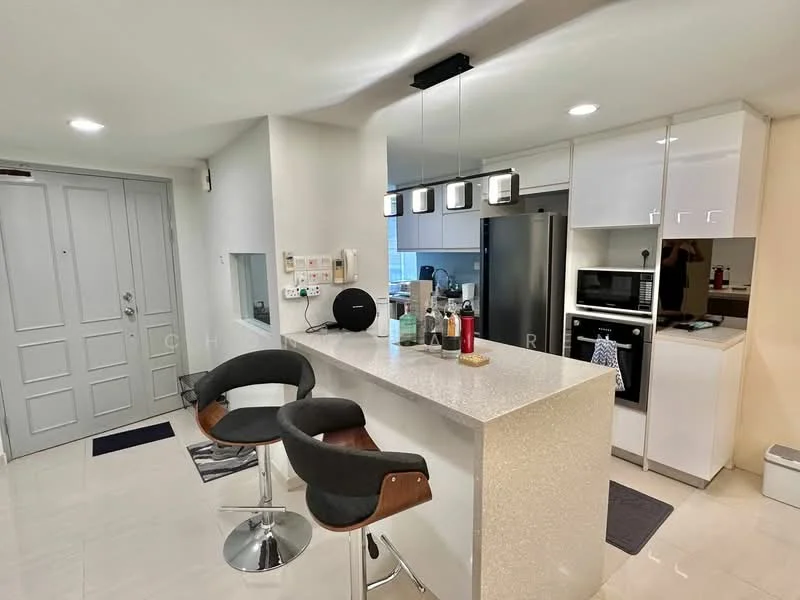 Kitchen features: white cabinetry, grey quartz countertop, stainless-steel fridge, built-in oven, microwave, 4-burner gas hob, single-bowl stainless-steel sink, chrome pull-down faucet, pendant lighting, bar stools, tile flooring, wall-mounted switches, open layout, kitchen island; style: modern.