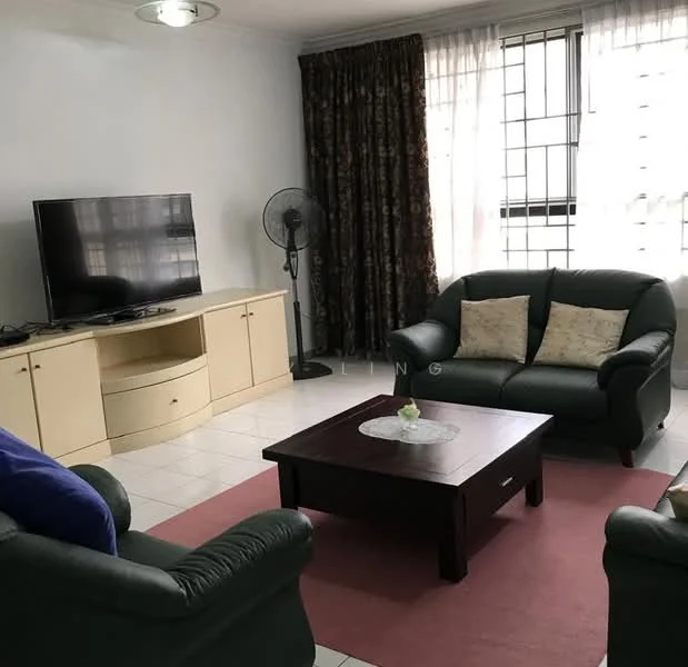 Living features: 2-seater leather sofa in dark green, 3-seater leather sofa in dark green, wood coffee table, TV console with storage, flat-screen TV, ceiling light fixture, floor fan, curtains with floral pattern, white painted walls, ceramic tile flooring, area rug in pink; style: contemporary.