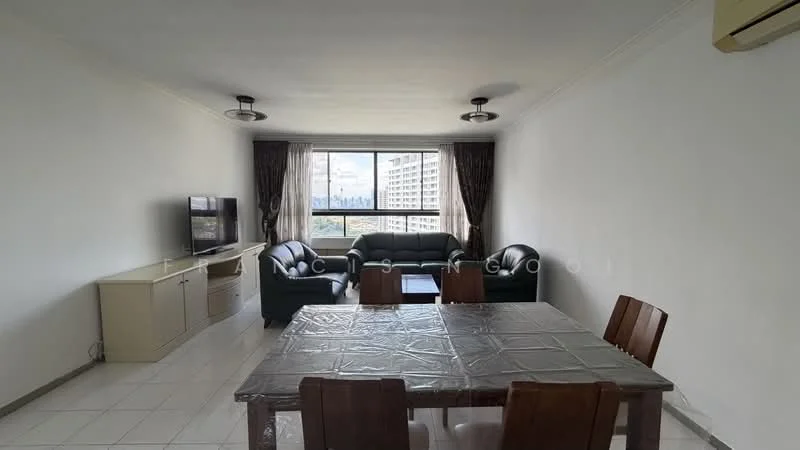 Living features: white painted walls, ceramic tile flooring, 5-blade ceiling fan with light, floor-to-ceiling windows, blackout curtains, sofa in dark green leather, coffee table, TV console, wall-mounted TV, dining table with 6 chairs, decorative wall art; style: modern; view: city.