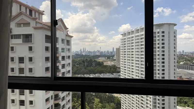 Room features: floor-to-ceiling windows, city skyline view, curtains, white walls, light-colored flooring, balcony access; style: modern; view: city.