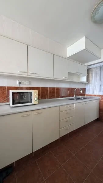 Kitchen features: white cabinetry, brown tiled backsplash, grey countertop, stainless-steel sink, chrome faucet, built-in microwave, oven cabinet, drawer storage, tile flooring, window with sheer curtains, ceiling light fixture; style: modern.