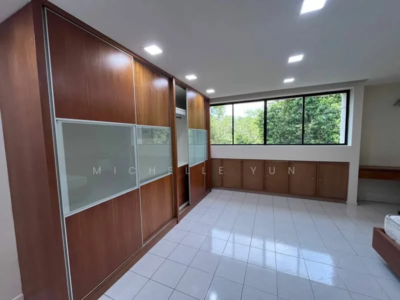Room features: white painted walls, glossy ceramic tile flooring, built-in cabinetry with glass panels, large windows with views of greenery, recessed LED downlights, wooden cabinetry, neutral color scheme, corner desk area; style: modern; view: garden.