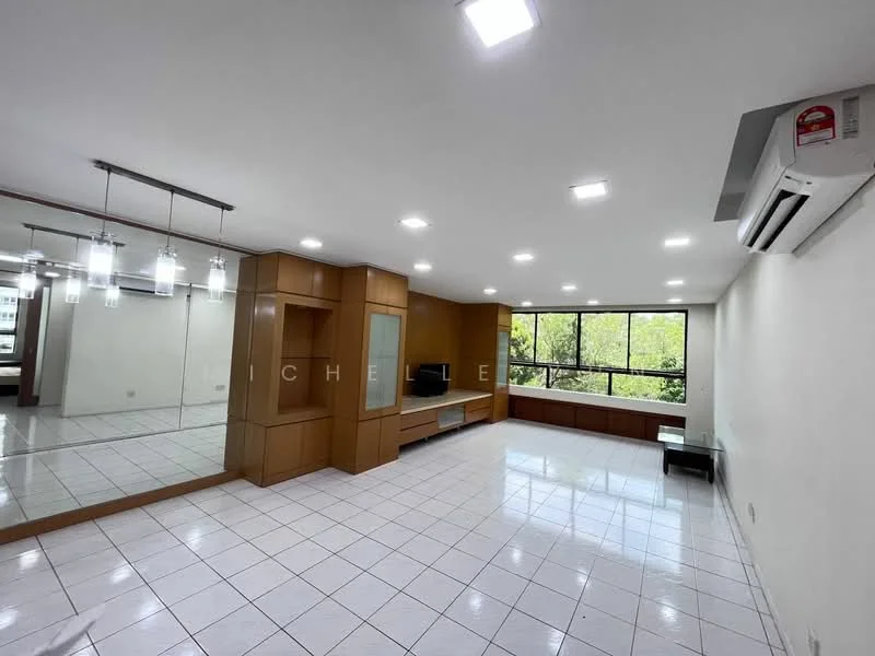 Living features: white painted walls, glossy white tile flooring, recessed LED downlights, 1 wall-mounted split AC, large windows with garden view, built-in wooden TV console, mirrored wall, wooden paneling, coffee table, seating area; style: modern; view: garden.