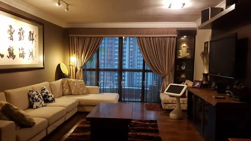 Living features: L-shape sectional sofa in cream, wood coffee table, area rug with geometric pattern, wall-mounted TV, TV console, floor-to-ceiling windows, sheer curtains, dark accent wall, decorative wall art, built-in shelving with decor, recessed downlights, ceiling rose; style: modern; view: city.