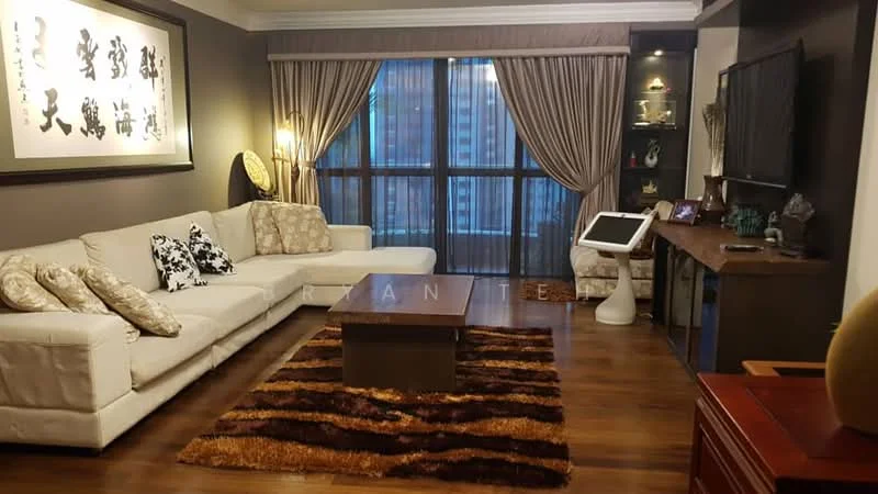 Living features: L-shape sectional sofa in cream, decorative throw pillows, coffee table with wooden top, area rug with geometric pattern in brown and cream, wall-mounted TV, wooden TV console, framed artwork on walls, floor-to-ceiling windows with sheer curtains, wooden flooring, decorative wall paneling, table lamp, plant in ceramic pot; style: contemporary; view: city.
