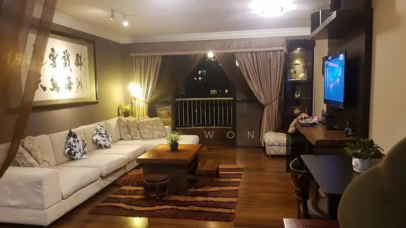 Living features: 3-seater fabric sofa in cream, decorative cushions with floral pattern, wooden coffee table, area rug with geometric pattern, wall-mounted TV, TV console, wooden side table, floor-to-ceiling windows, sheer curtains, recessed downlights, wall art with calligraphy, wooden flooring, potted plant; style: modern; view: city.