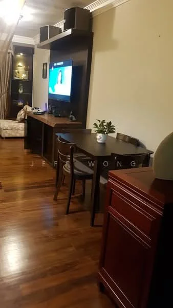 Living features: wood flooring, cream painted walls, recessed downlights, wall-mounted TV, TV console, sofa with floral pattern, dining table with four chairs, decorative plant on table, wooden cabinet, curtains, shelves with decorative items; style: modern.