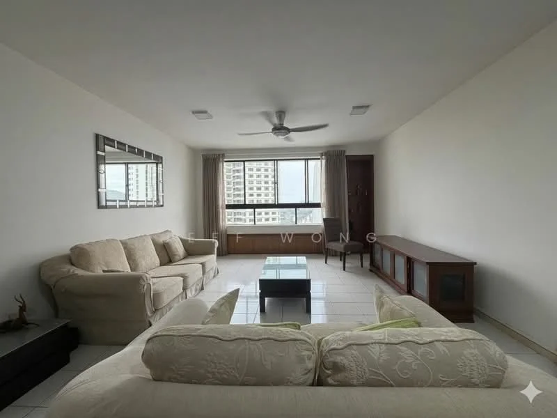 Living features: 3-seater fabric sofa in cream, 2-seater fabric sofa in cream, coffee table with black surface, TV console with wooden finish, ceiling fan, floor-to-ceiling window, curtains, tile flooring, wall-mounted mirror, wooden cabinet, decorative wall art, neutral painted walls; style: modern; view: city.