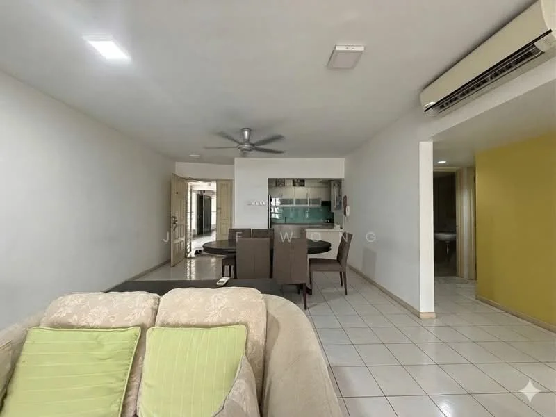 Living features: cream painted walls, white tiled flooring, 5-blade ceiling fan with light, wall-mounted split AC, sofa with green cushions, dining table with chairs, open layout, recessed lighting; style: modern. Dining features: dining table with upholstered chairs, open layout, white tiled flooring; style: modern.