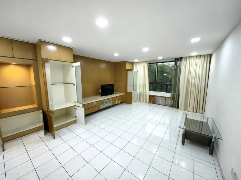 Living features: white painted walls, glossy white tile flooring, recessed downlights, large window with sheer curtains, built-in wooden cabinetry, TV console, wall-mounted TV, glass coffee table, sofa, decorative wall unit; style: modern; view: garden.