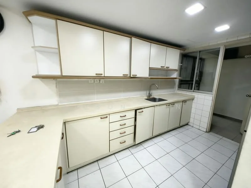 Kitchen features: white cabinetry with wooden handles, laminate countertop, single-bowl stainless-steel sink, chrome pull-down faucet, ceramic tile flooring, white tiled backsplash, built-in upper cabinets, lower cabinets with drawers, open shelving, recessed LED downlights; style: modern.
