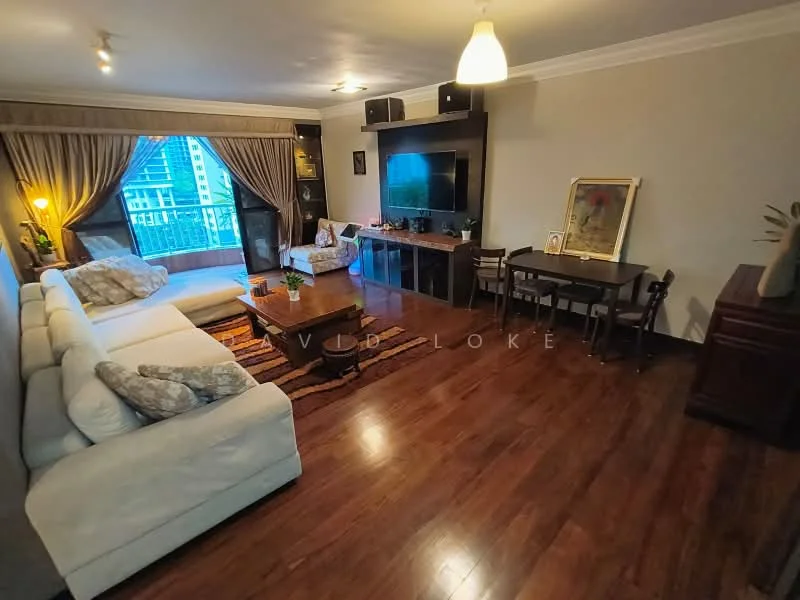 Living features: L-shape sectional sofa in white fabric, coffee table, TV console with wall-mounted TV, wooden flooring, recessed downlights, curtains, decorative wall art, area rug with geometric pattern, potted plants, dining table with four chairs; style: contemporary; view: city.