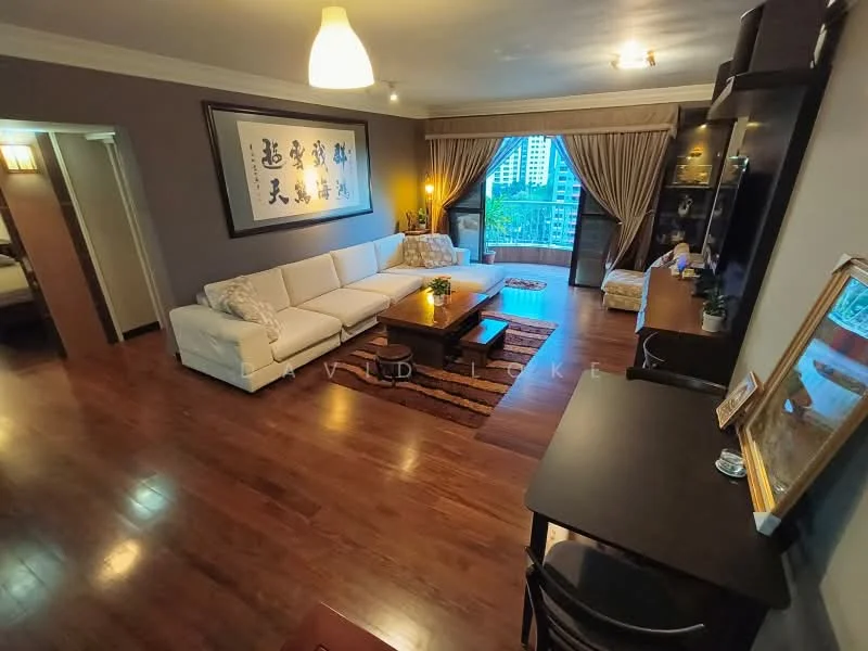 Living features: white fabric sectional sofa, wood coffee table, area rug with geometric pattern, wall-mounted TV, dark wood console table, floor-to-ceiling windows, curtains, decorative wall art, laminate flooring, recessed ceiling lights; style: contemporary; view: city.