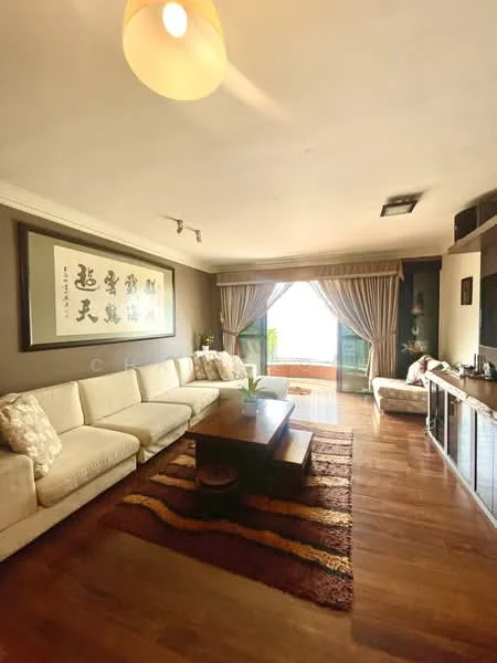 Living features: L-shape sectional sofa in cream, wooden coffee table, area rug with geometric pattern, wall-mounted TV, TV console, floor-to-ceiling windows, curtains, recessed downlights, wooden flooring, decorative wall art; style: contemporary; view: garden.